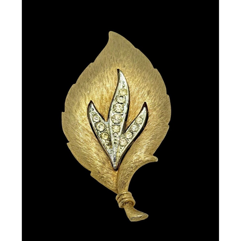 Vintage JJ Jonette Jewelry Brushed Gold Tone Rhinestone Leaf Brooch Pin